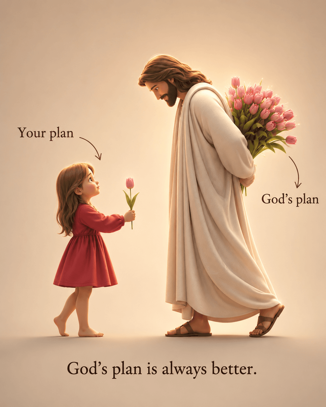 High-resolution artwork of Jesus Christ smiling at a young child holding a tulip while carrying a bouquet of flowers, symbolizing God's perfect plan, ideal for HD wallpapers and inspirational artwork.
