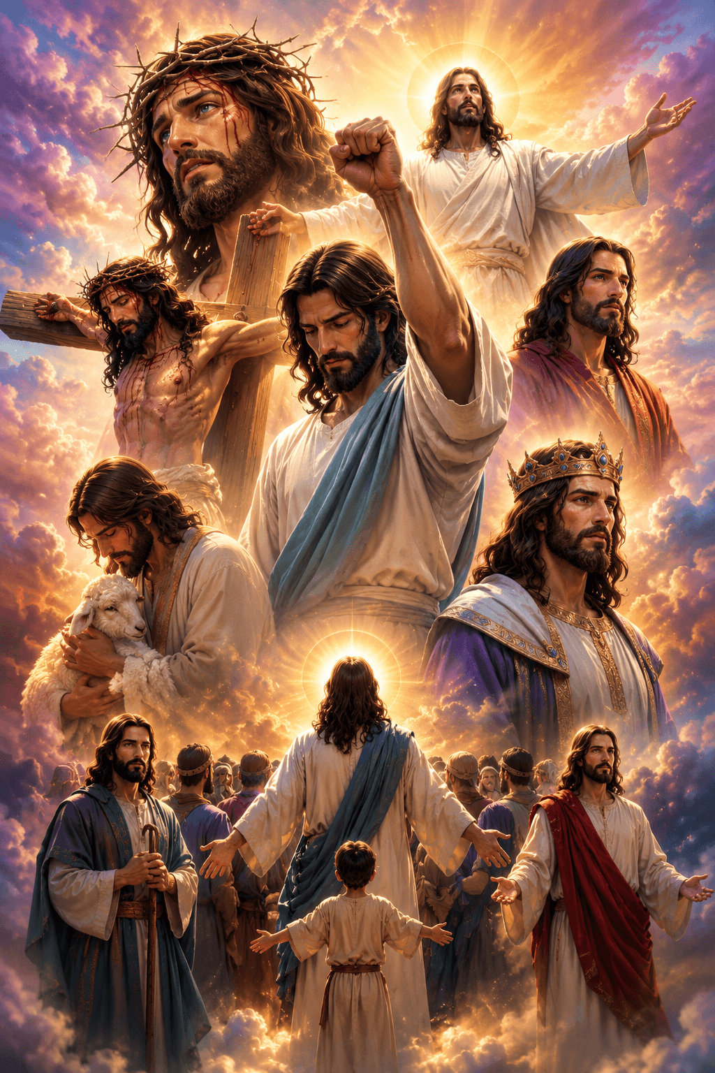 Collage of Jesus Christ depicting His ministry, Good Shepherd, crucifixion, resurrection, kingship, and love for humanity in a radiant heavenly scene.
