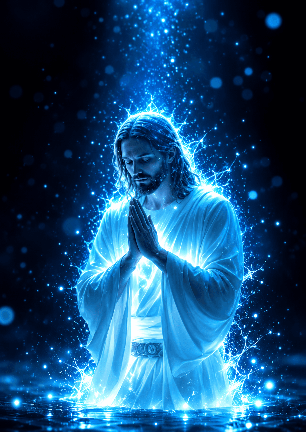 Inspirational Christian artwork of Jesus Christ praying with folded hands, surrounded by radiant blue heavenly light, symbolizing faith, peace, hope, and divine presence.