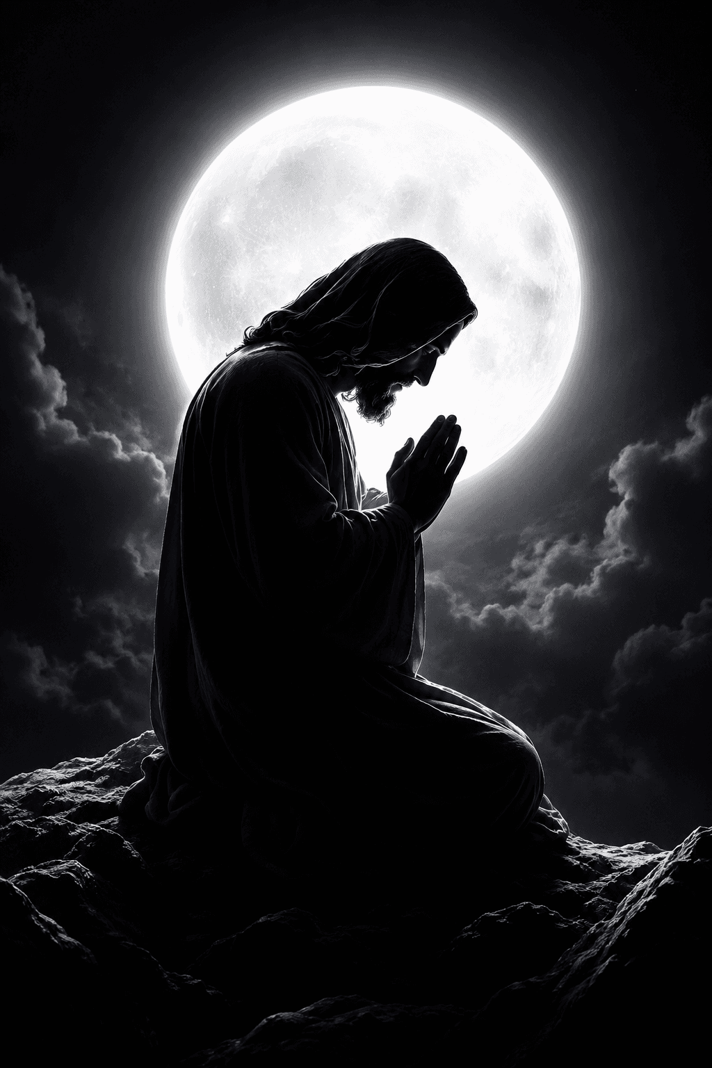 High-resolution image of Jesus Christ kneeling in prayer beneath a glowing full moon, creating a peaceful devotional HD wallpaper with dramatic night lighting.