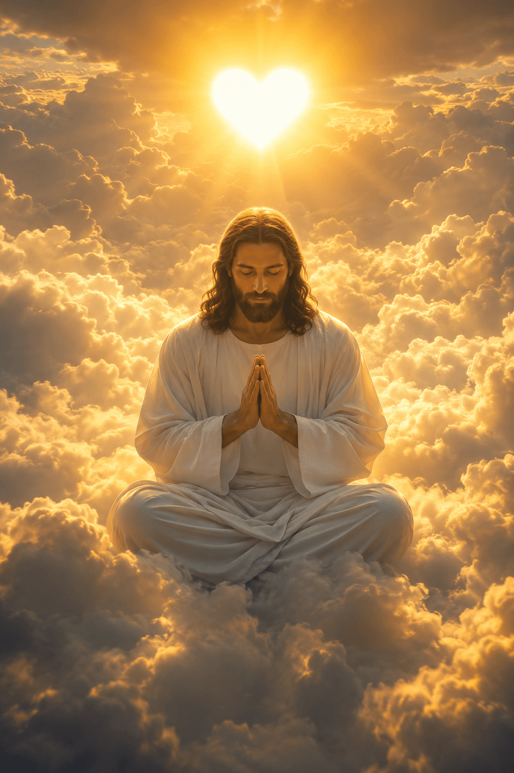 Jesus Christ praying with folded hands while seated among heavenly clouds beneath radiant golden light in a peaceful Christian artwork.