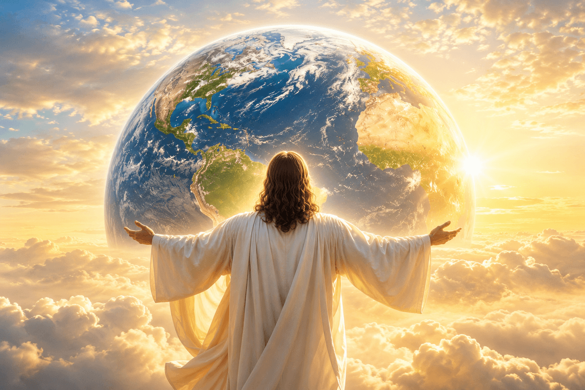 Jesus Christ with outstretched arms before the Earth above golden clouds at sunrise, symbolizing God's protection and divine love.