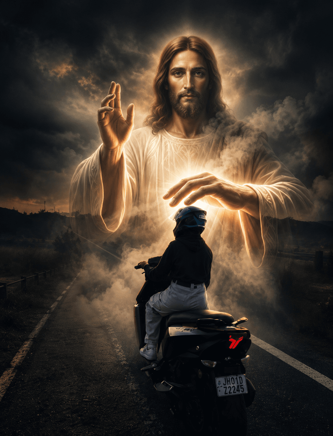 High-resolution artwork of Jesus Christ blessing and protecting a motorcyclist on a misty road with radiant divine light, symbolizing faith, guidance, and protection, ideal for HD wallpapers.