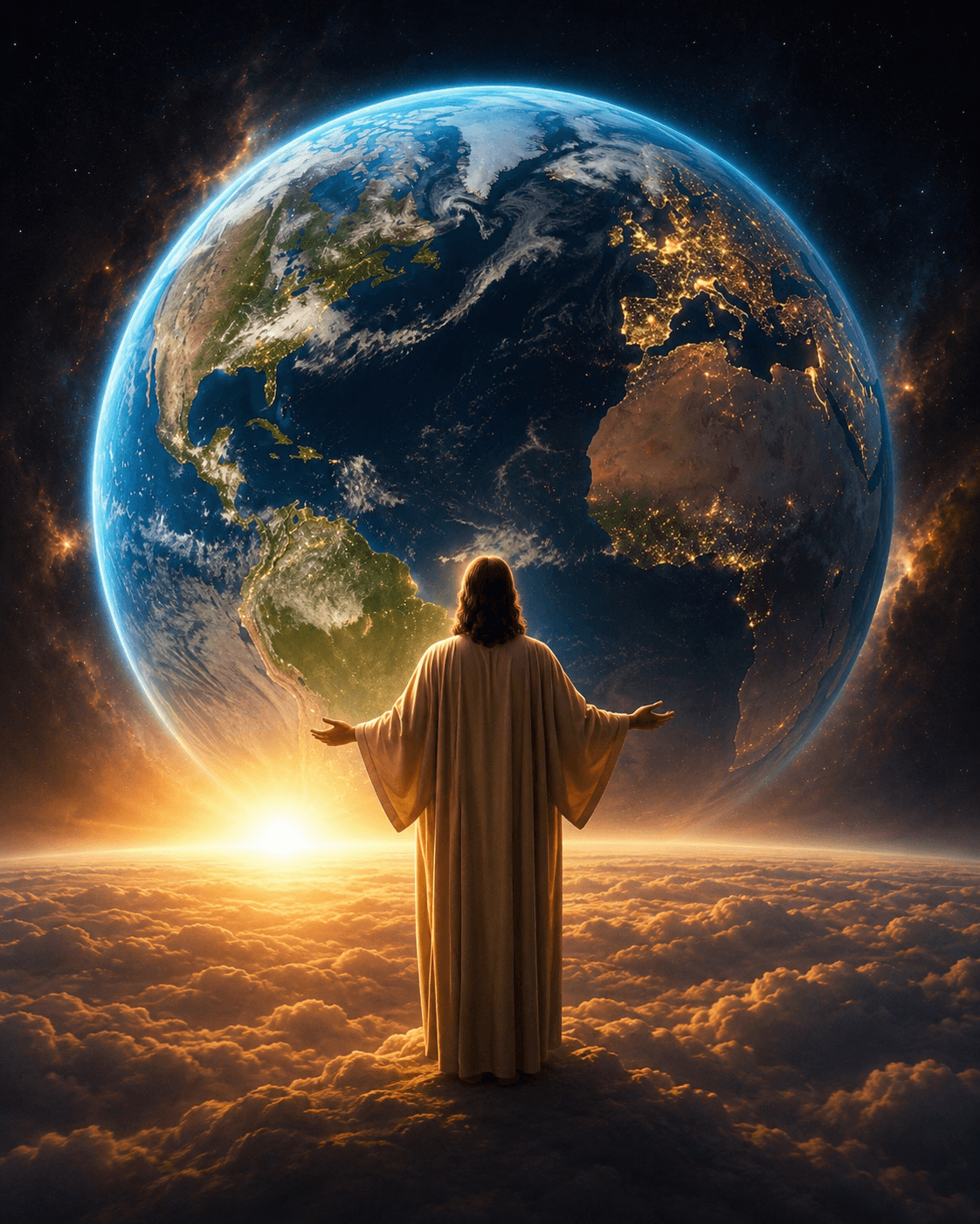 Jesus Christ standing above heavenly clouds with outstretched arms before the Earth at sunrise in a cinematic Christian digital artwork.