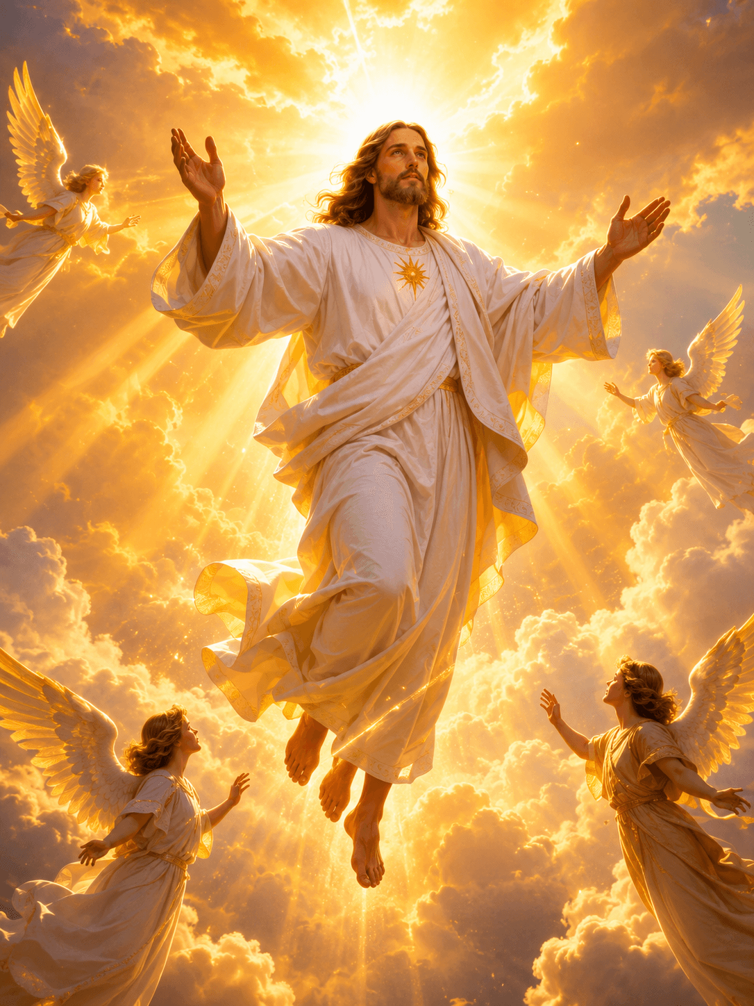 High-resolution artwork of Jesus Christ ascending through radiant golden clouds surrounded by angels, featuring a glowing halo and heavenly light, perfect for HD wallpapers and devotional artwork.