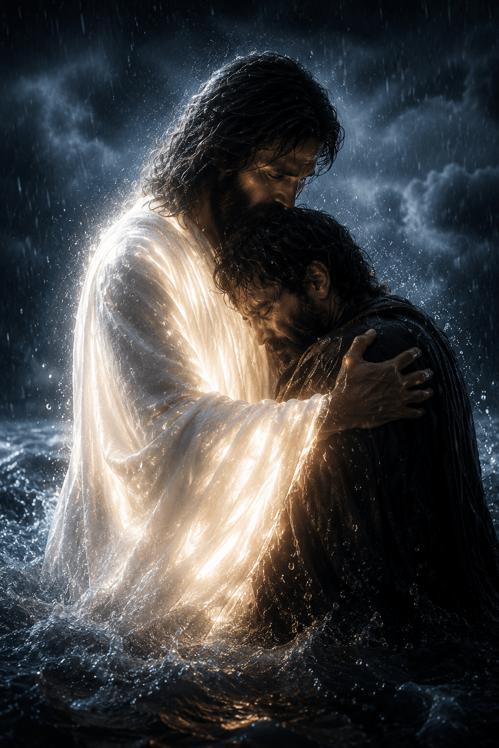 Jesus Christ embracing a grieving man in the rain, surrounded by radiant heavenly light, symbolizing comfort, mercy, and hope.