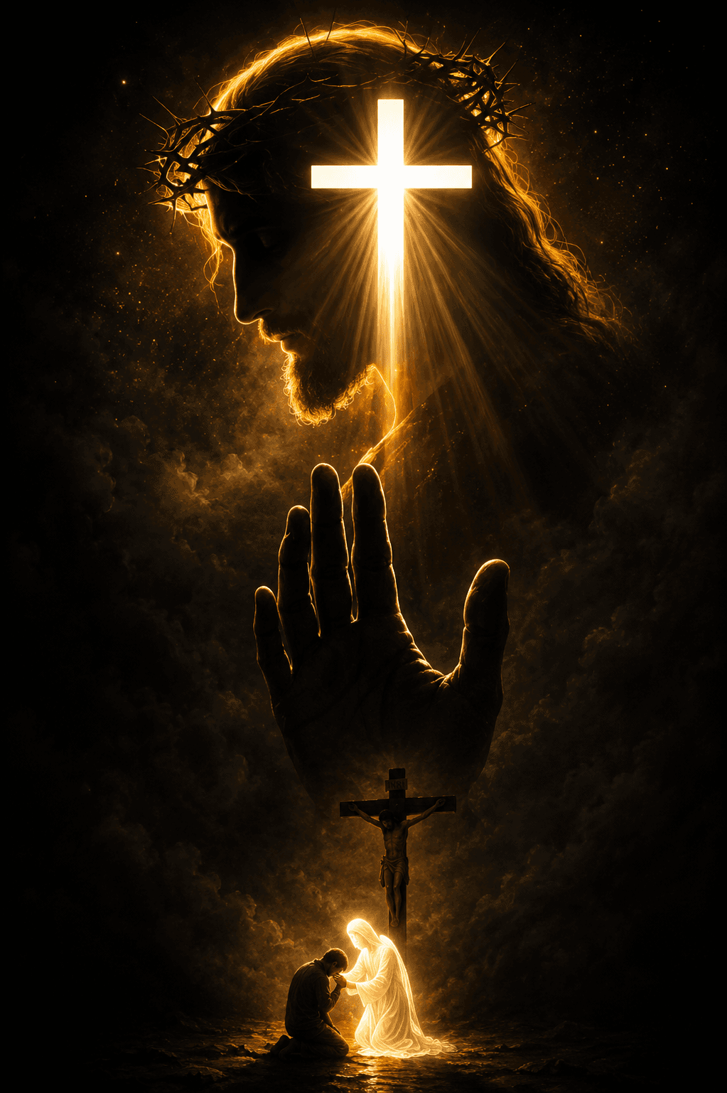 Inspirational Christian artwork of Jesus Christ with a crown of thorns beside a glowing cross, blessing a praying believer, symbolizing faith, forgiveness, salvation, and divine grace.