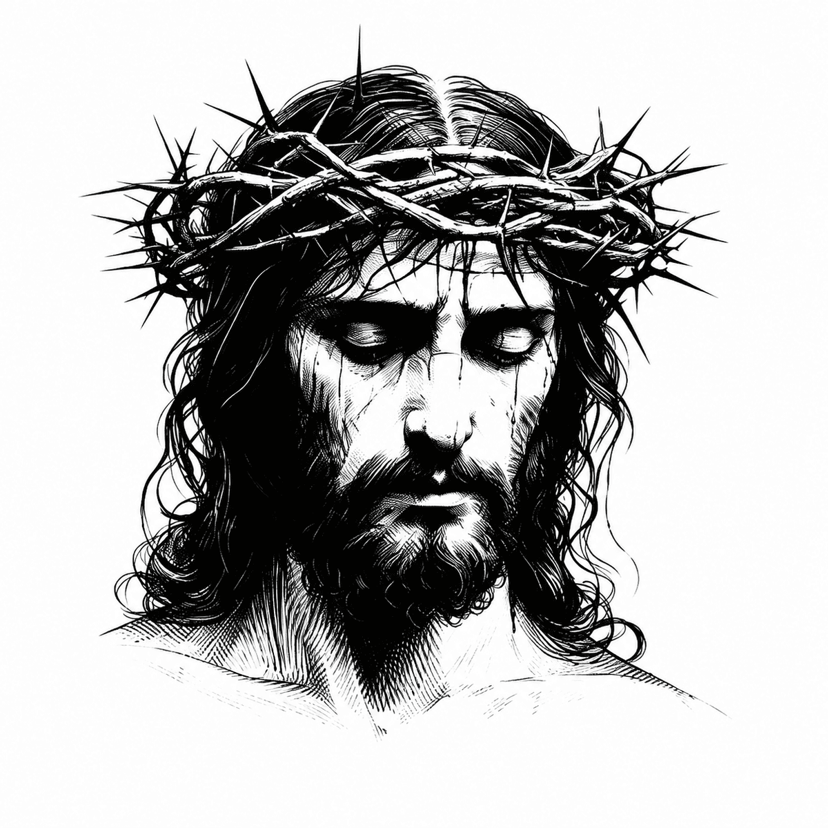 Black and white sketch of Jesus Christ wearing the crown of thorns with eyes closed, symbolizing sacrifice, redemption, compassion, and Christian faith.