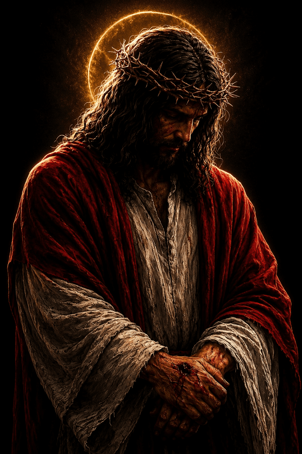 Powerful Christian artwork of Jesus Christ wearing the Crown of Thorns with wounded hands and a glowing halo, symbolizing sacrifice, redemption, forgiveness, and divine love.