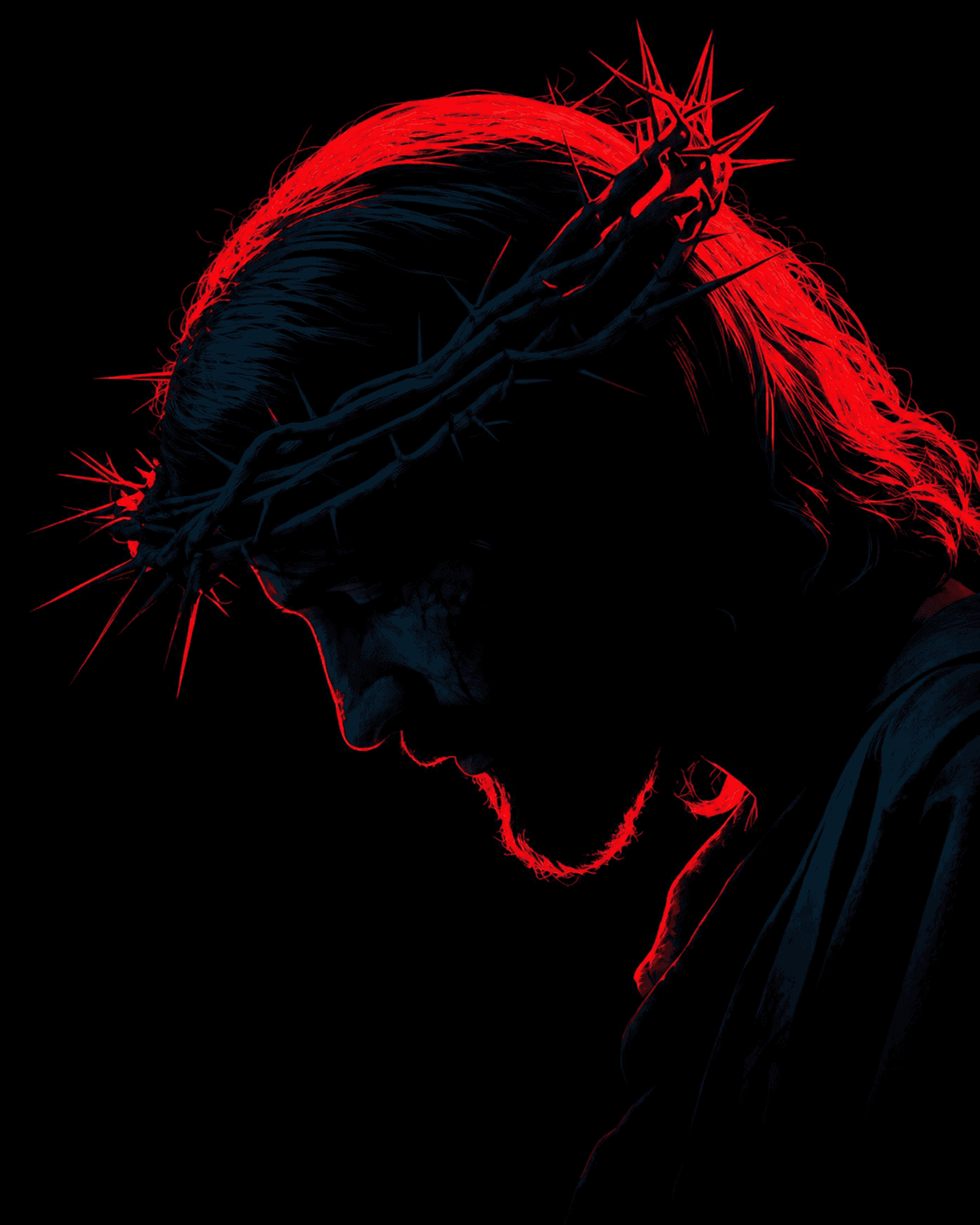 Minimalist portrait of Jesus Christ wearing the Crown of Thorns with dramatic red lighting on a black background, symbolizing sacrifice, redemption, faith, and divine love.