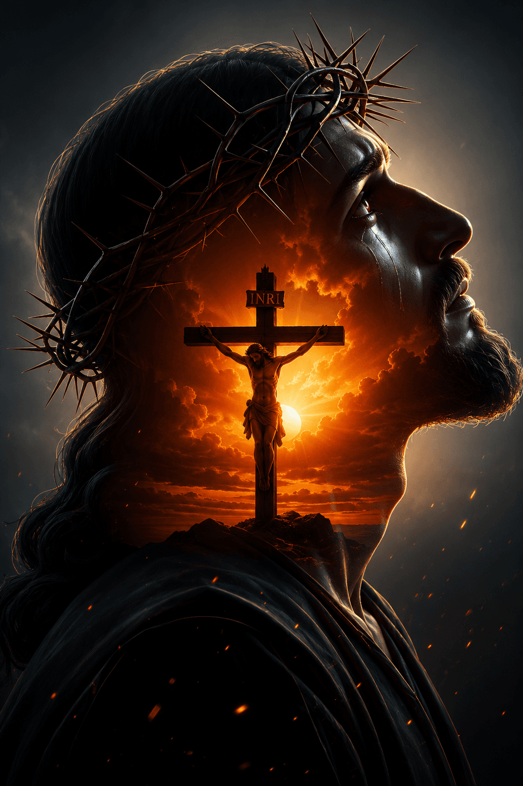 Jesus Christ wearing the crown of thorns with a dramatic double-exposure crucifixion cross at sunset, symbolizing sacrifice, redemption, and eternal hope.
