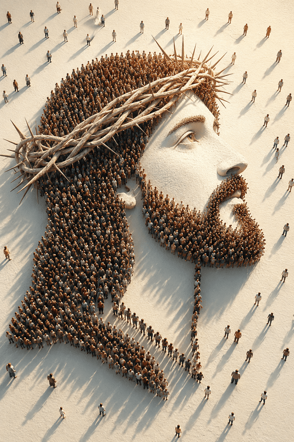Creative aerial artwork of thousands of people forming the face of Jesus Christ wearing the Crown of Thorns, symbolizing unity, faith, and devotion.