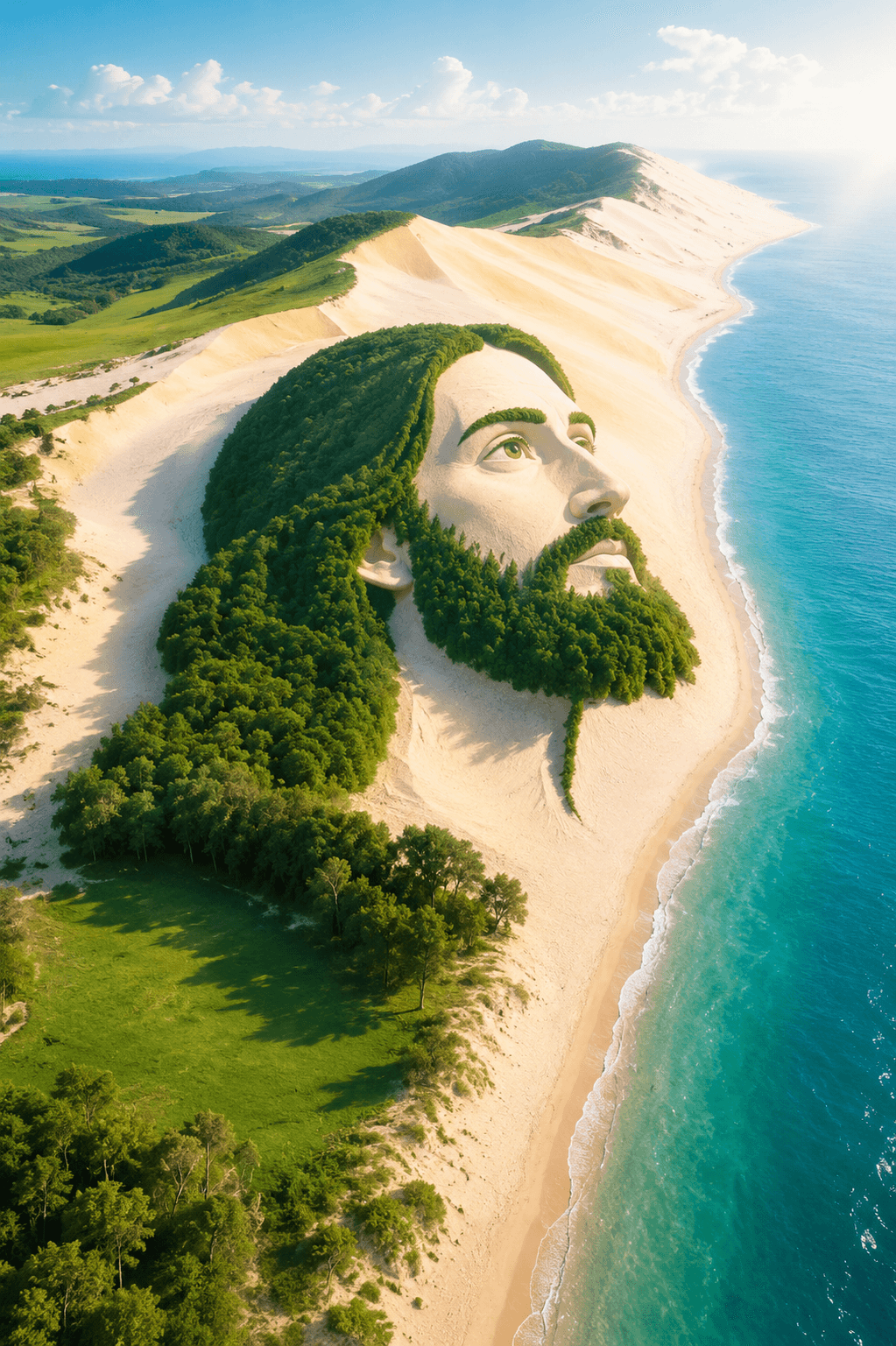 Creative aerial landscape showing the face of Jesus Christ formed by forests, sand dunes, and a coastal shoreline under a bright blue sky.