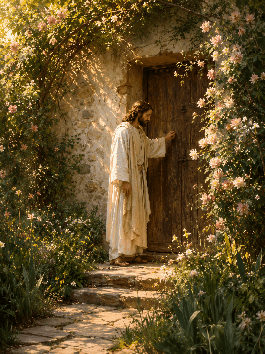 Jesus Christ gently knocking on a rustic wooden door surrounded by blooming flowers and a peaceful garden, symbolizing faith, hope, and God's invitation.