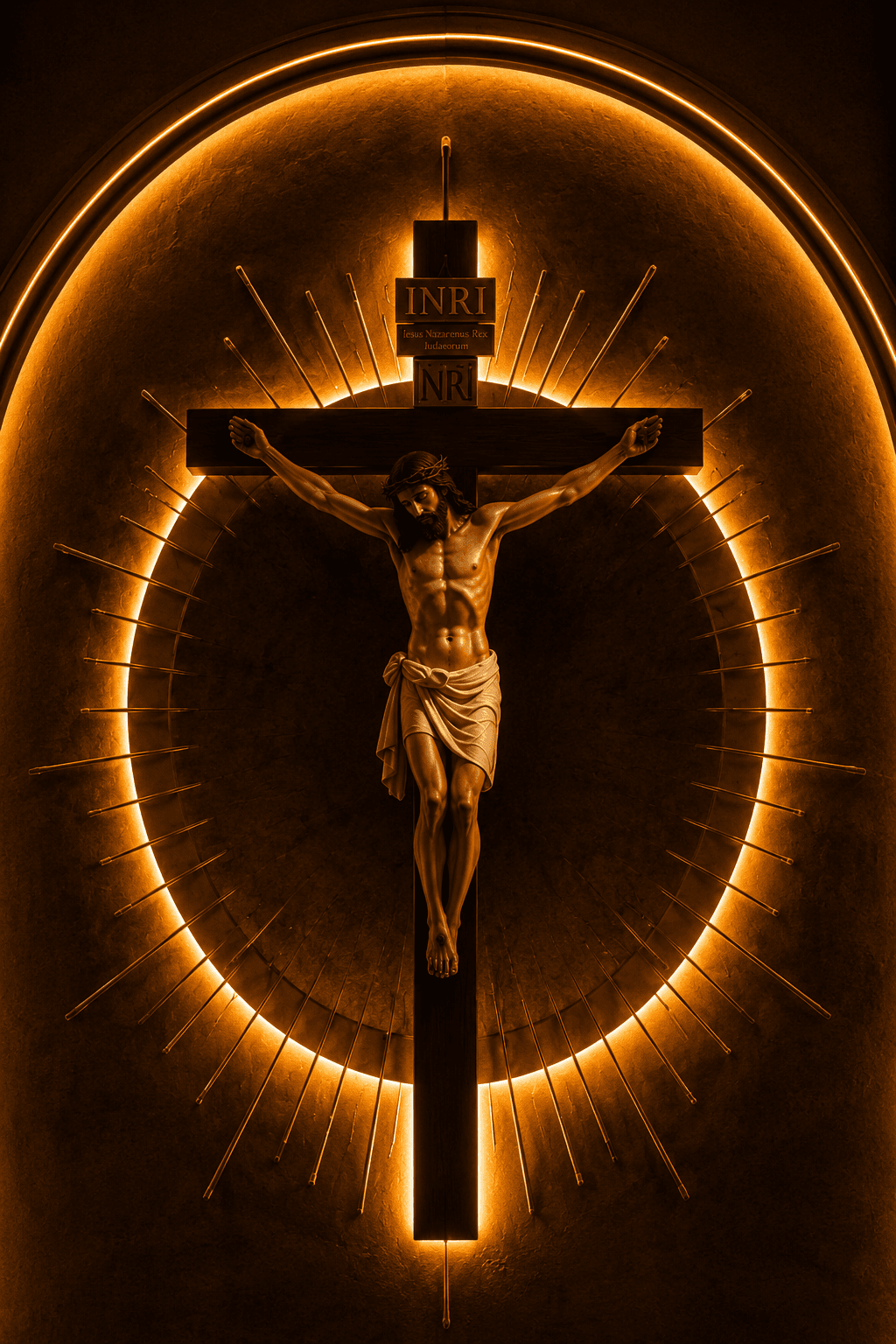High-resolution artwork of Jesus Christ crucified on the cross with a radiant golden halo and glowing background, creating a powerful Christian devotional HD wallpaper.