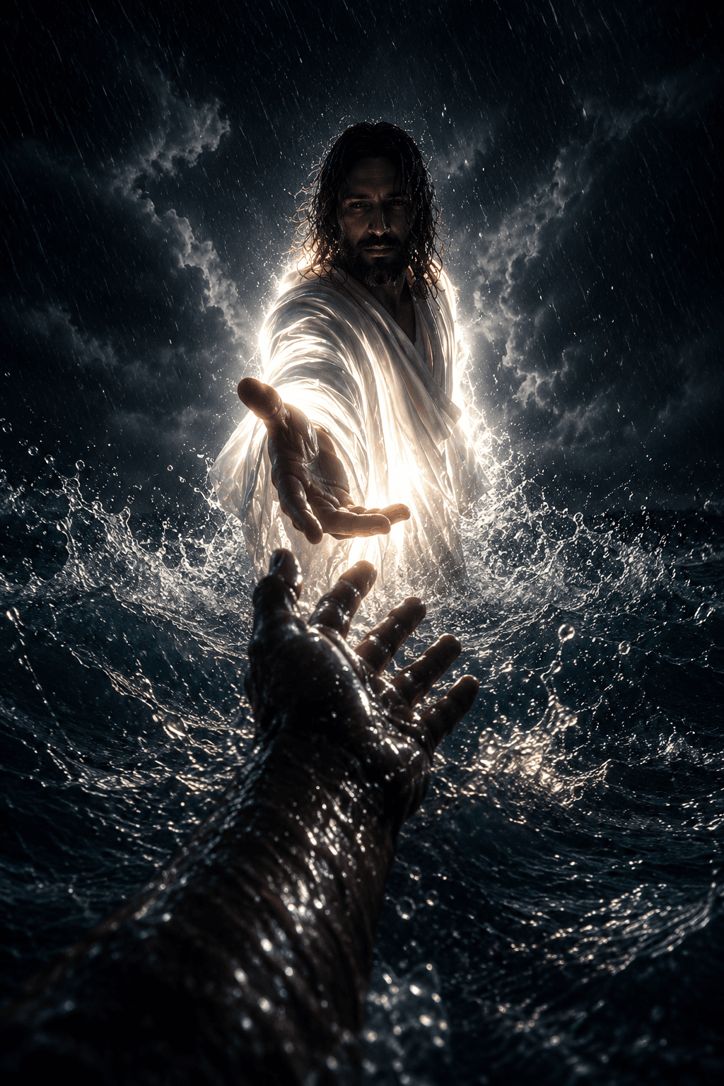 Jesus Christ extending His hand to rescue a person from stormy waters, surrounded by radiant divine light in heavy rain.
