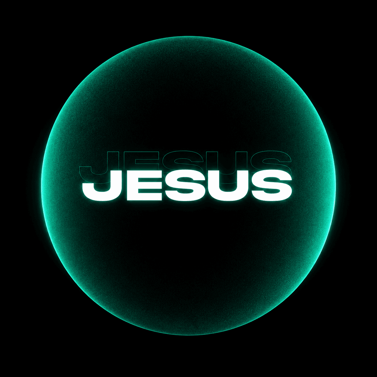 Minimal glowing Jesus typography logo with a neon green circular halo on a black background, modern Christian digital artwork.