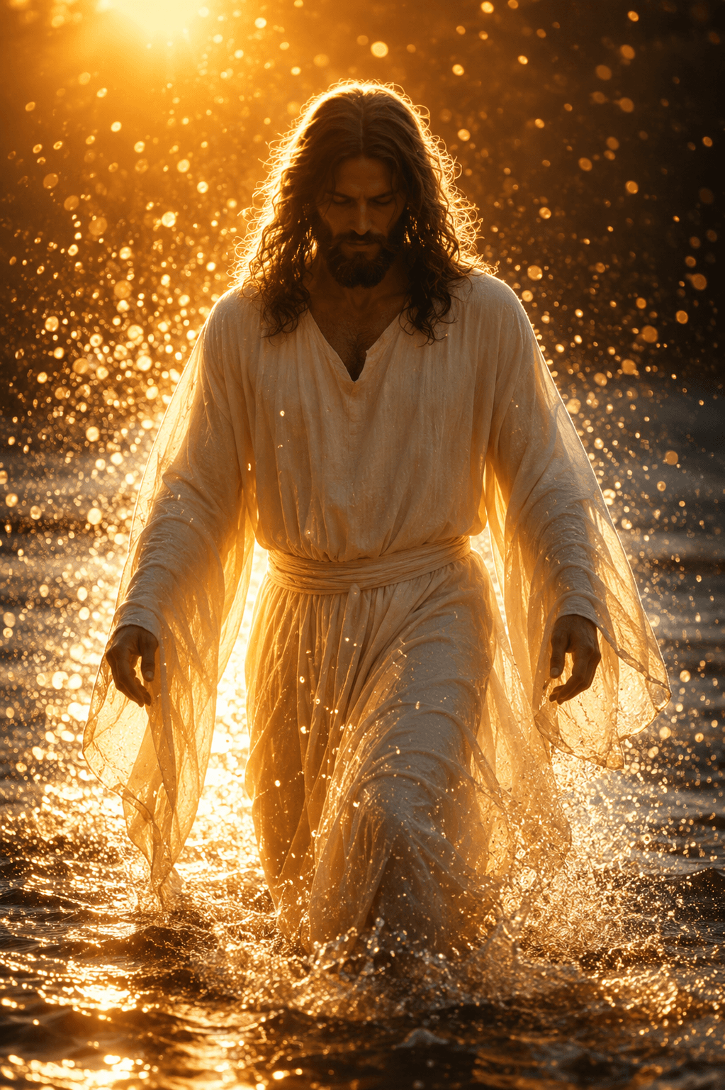 Jesus Christ walking through glowing water at sunset, surrounded by golden light and sparkling reflections in a peaceful Christian artwork.