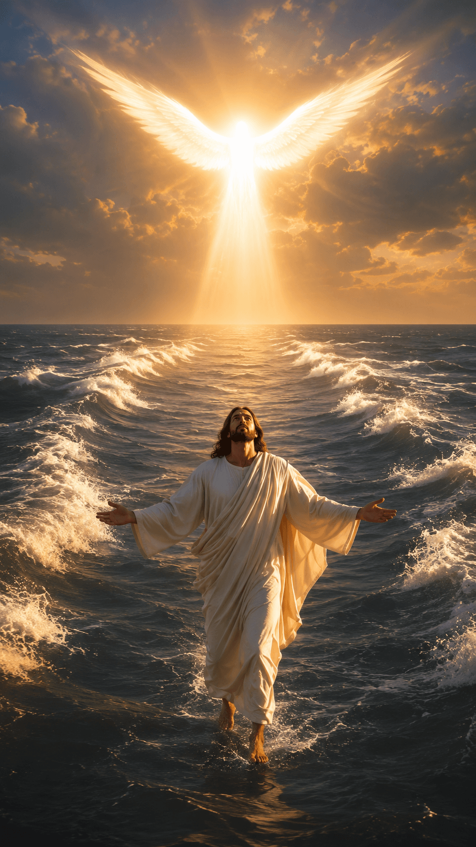 Jesus Christ walking on the sea beneath a radiant Holy Spirit dove with heavenly light, symbolizing faith, miracles, hope, and God's divine presence.