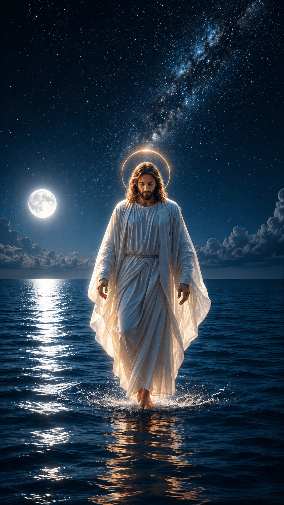 Jesus Christ walking on the sea under a full moon and star-filled sky, surrounded by a radiant halo, symbolizing faith, miracles, peace, and divine power.