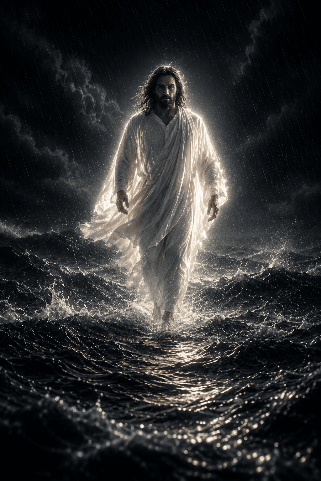Jesus Christ walking on stormy ocean waves in the rain, surrounded by radiant divine light against a dark sky.