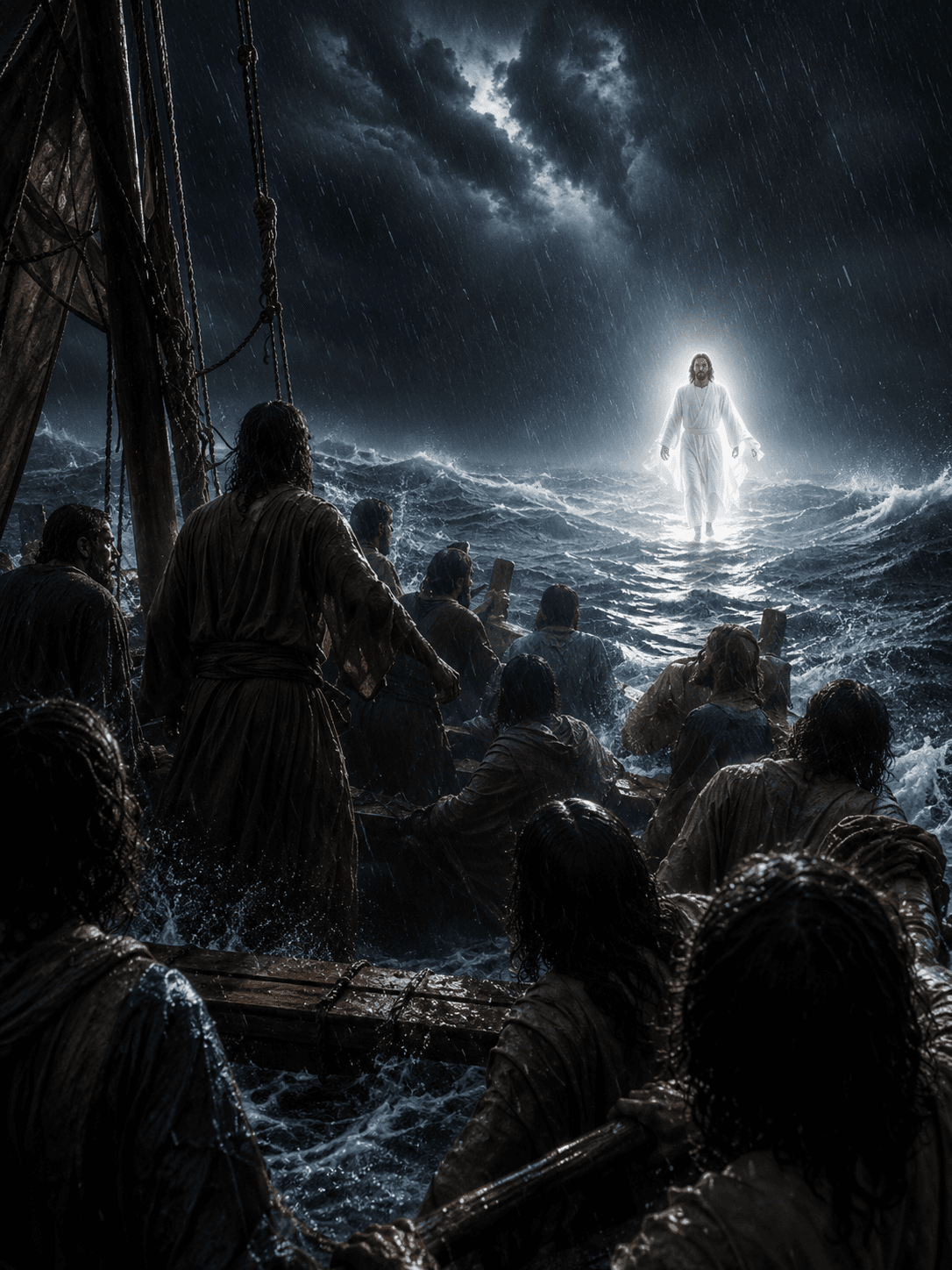 Jesus Christ walking on stormy sea toward His disciples' boat at night, surrounded by radiant divine light and heavy rain.
