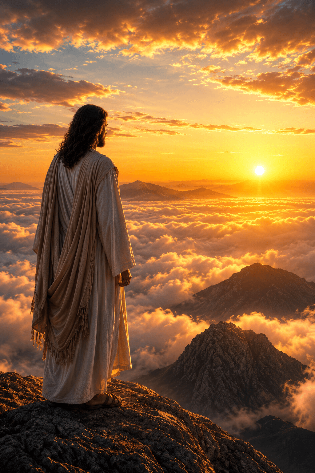 Jesus Christ standing on a mountain above the clouds, watching a golden sunrise over distant peaks, symbolizing hope, faith, and God's promise.