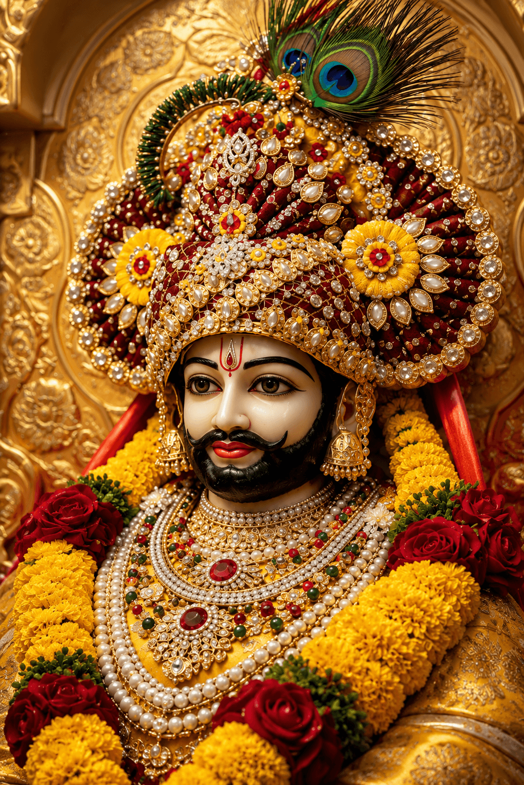 Beautiful 4K image of Khatu Shyam Ji with an ornate jeweled crown, peacock feather, pearl jewelry, and flower garlands, free HD download.