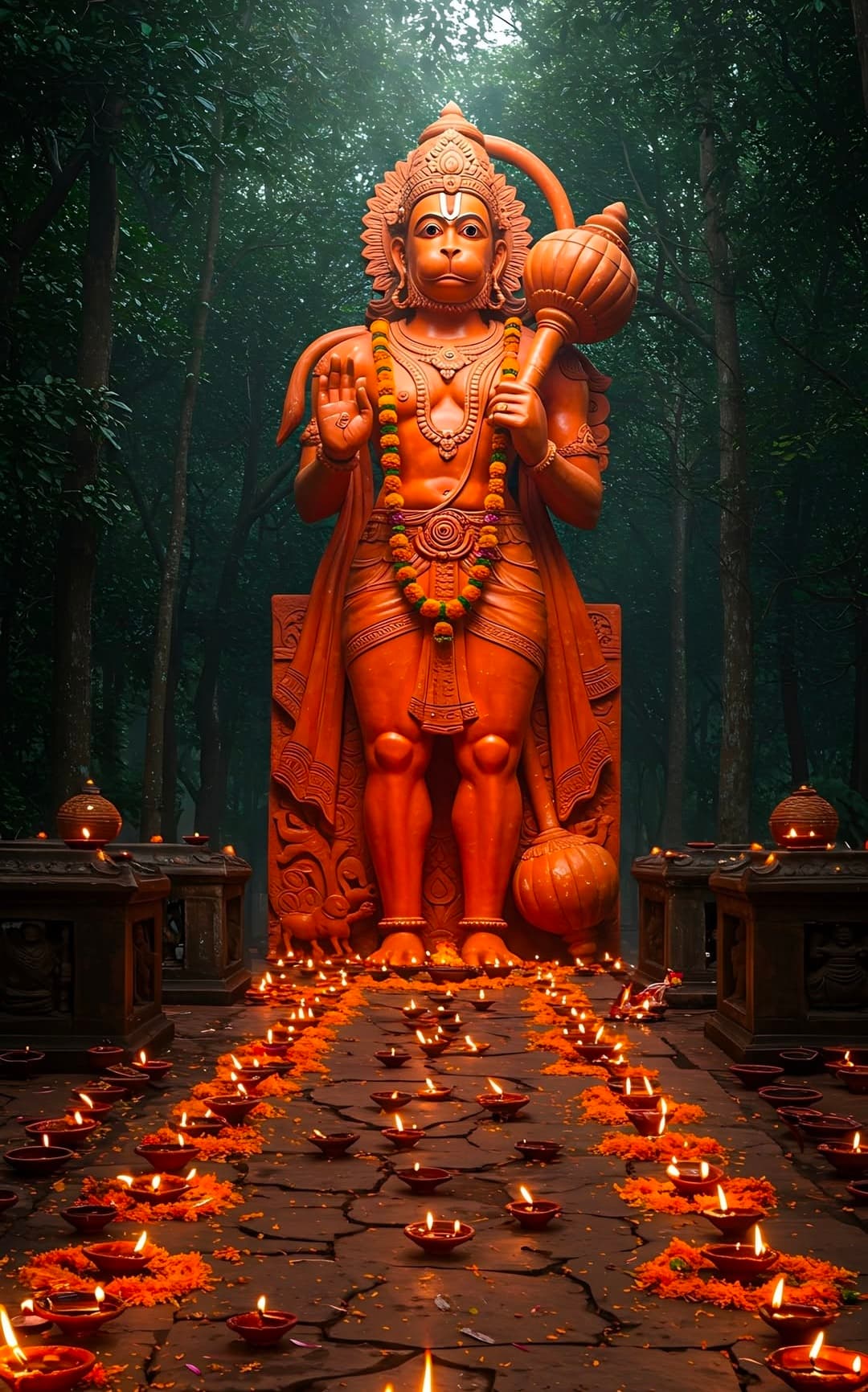 Lord Hanuman standing idol with mace, garland, and glowing diyas