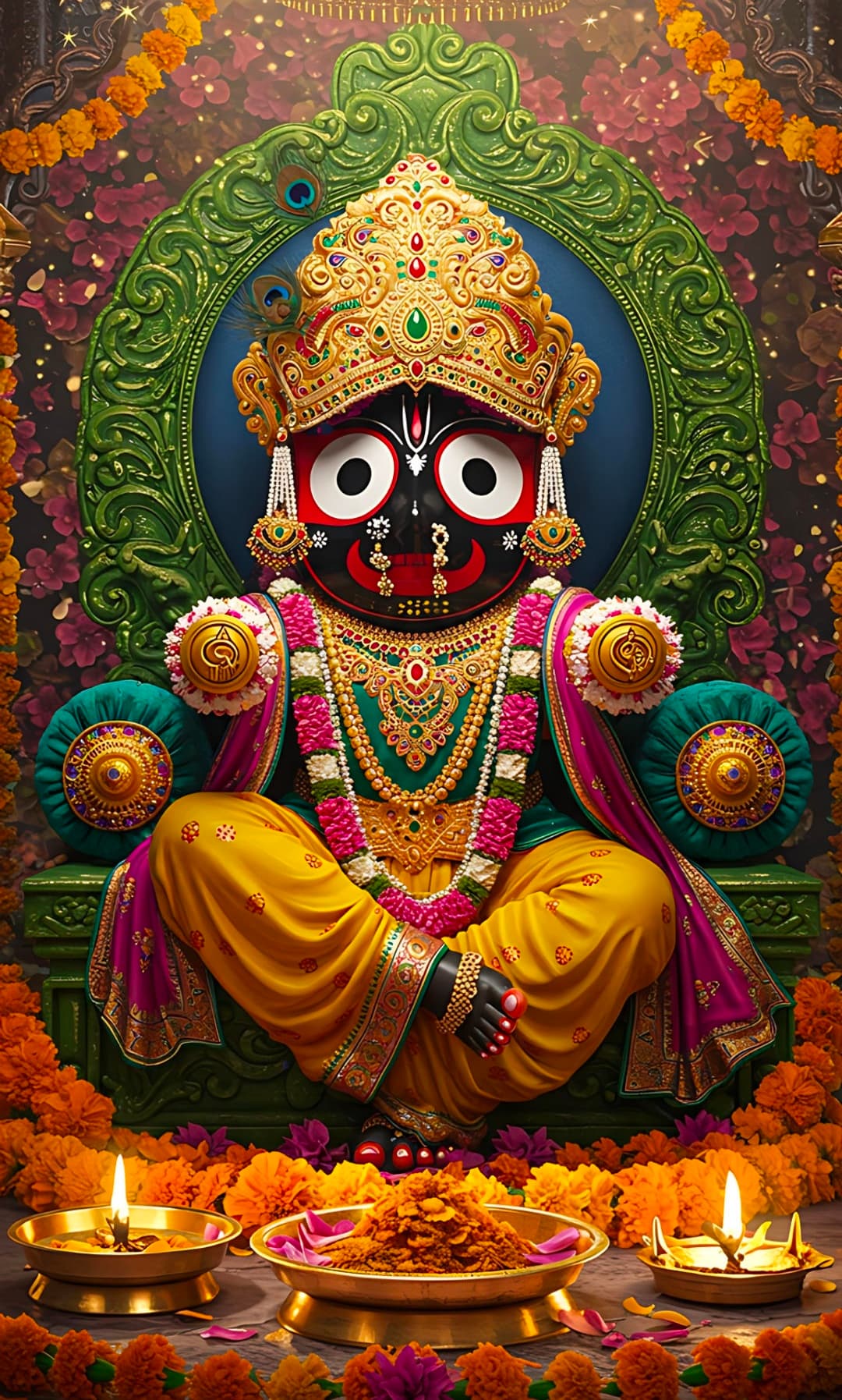 Lord Jagannath seated on throne wearing crown and ornaments.