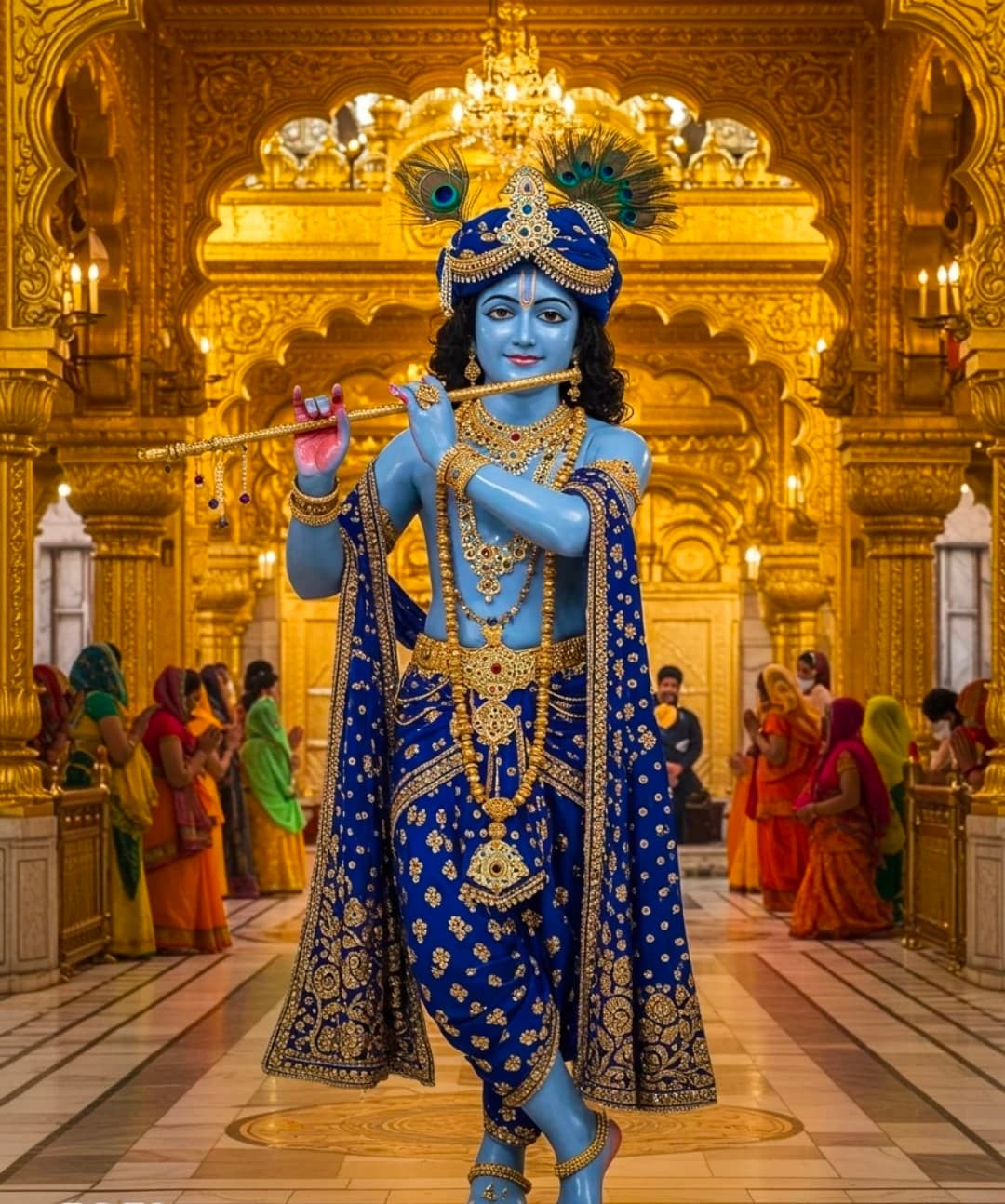 Lord Krishna idol in blue dress with flute inside golden temple with devotees.