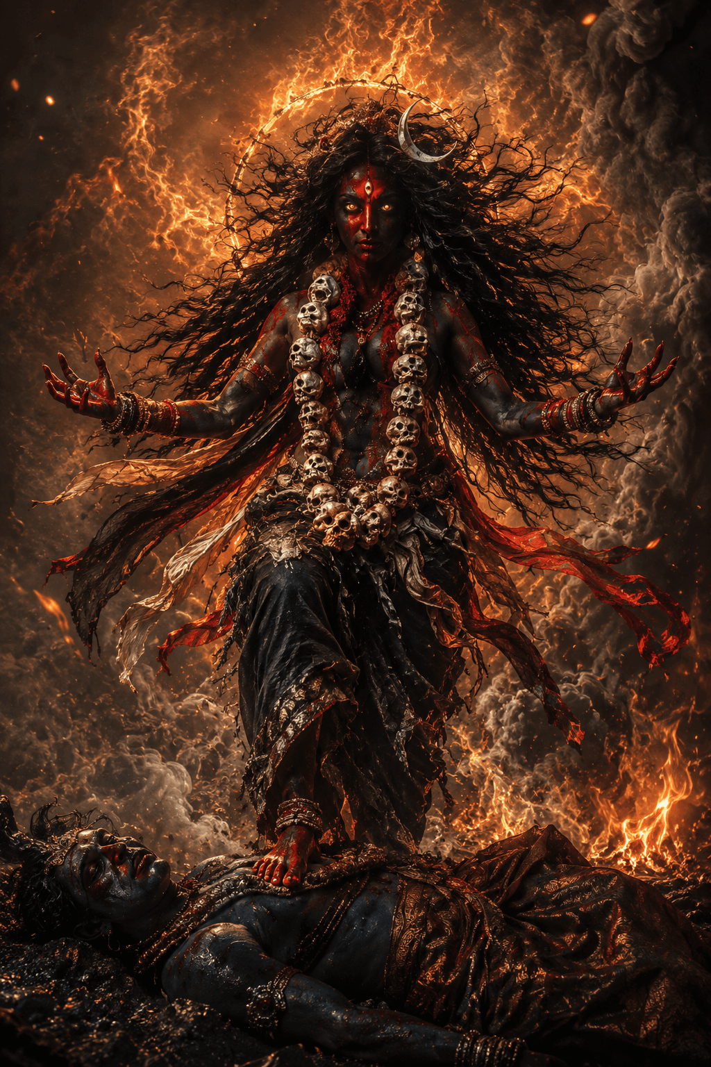 Fierce Maa Kali standing over Lord Shiva with a skull garland, blazing halo, flowing hair, crescent moon, and fiery storm background in ultra HD 4K.