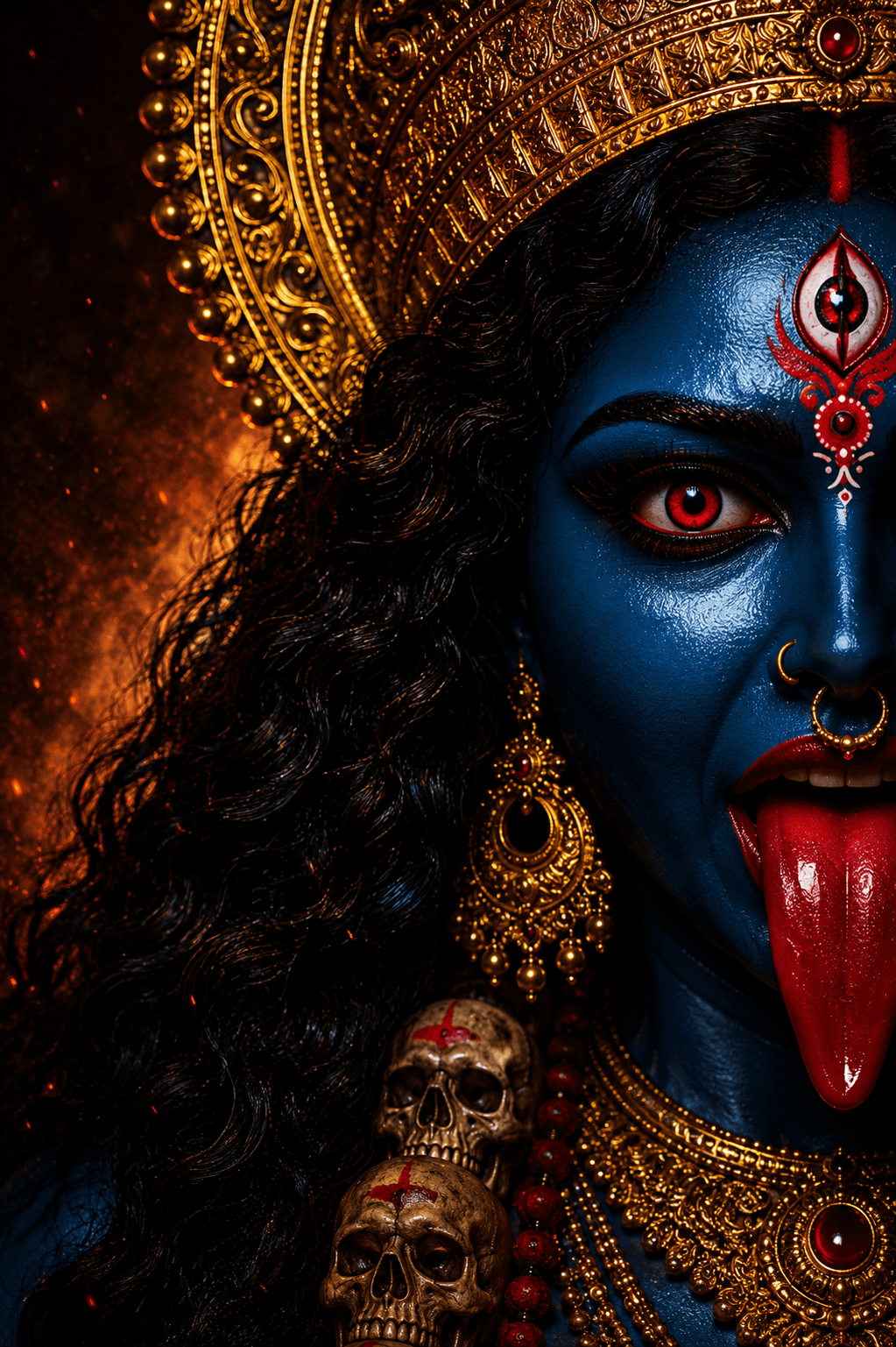Close-up portrait of Maa Kali with deep blue skin, glowing red eyes, extended red tongue, golden crown, skull garland, and ornate jewelry in a dramatic fiery background, ultra HD 4K.