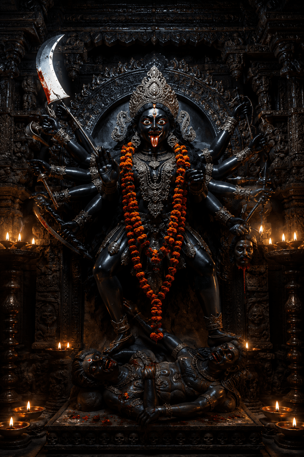 Sacred Maa Kali temple idol with multiple arms, sword, severed head, orange flower garland, and traditional oil lamps, standing over Lord Shiva inside an ancient Hindu temple in ultra HD 4K.