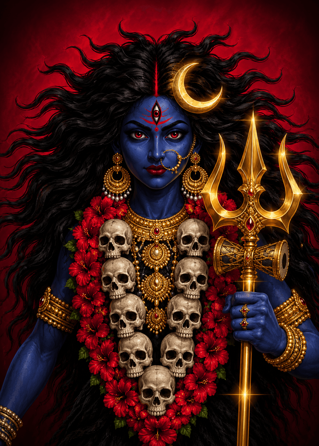 Close-up portrait of Maa Kali with blue complexion, glowing red eyes, golden Trishul, crescent moon, skull garland, red hibiscus flowers, and a vibrant crimson background in HD 4K.