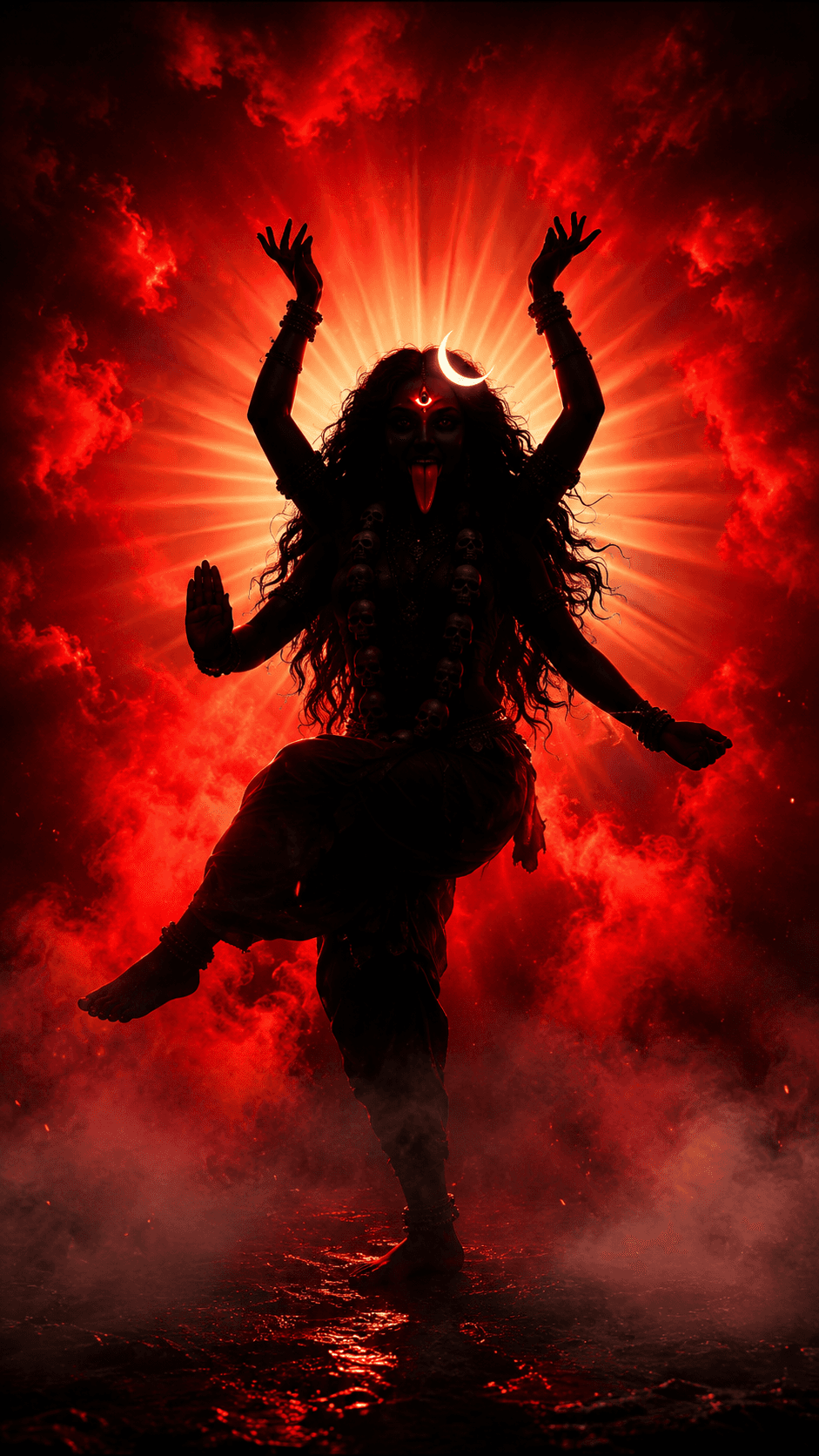 Silhouette of Maa Kali with four arms, crescent moon, glowing third eye, skull garland, and radiant red celestial aura surrounded by mystical clouds.