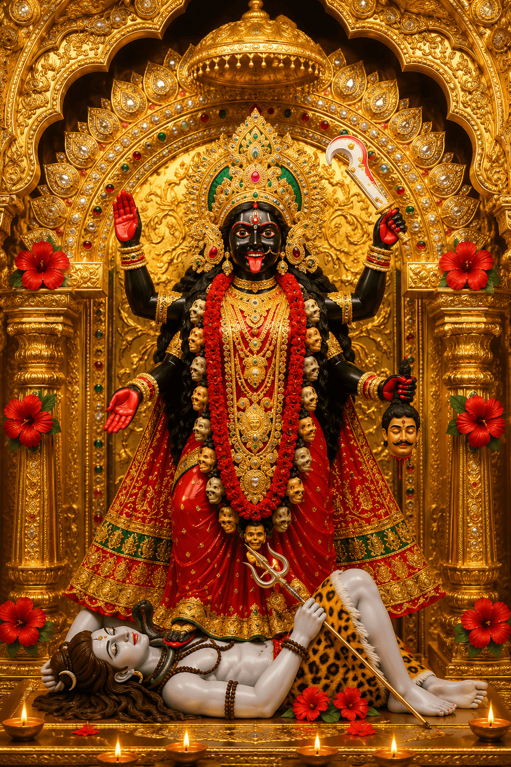 Sacred Maa Kali temple idol dressed in a red and gold saree, holding a curved sword and severed head, standing on Lord Shiva beneath a magnificent golden temple arch in ultra HD 4K