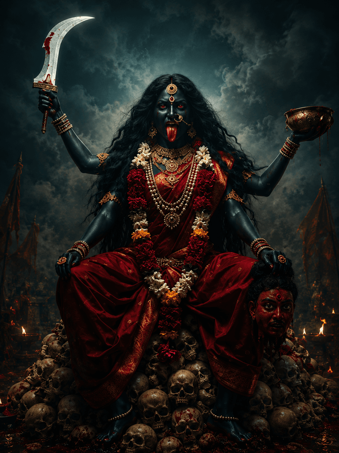 Fierce Maa Mahakali seated on a mound of skulls, holding a sacred khadga and ritual bowl, with an extended tongue, severed head, and stormy sky in stunning 4K, free to download.