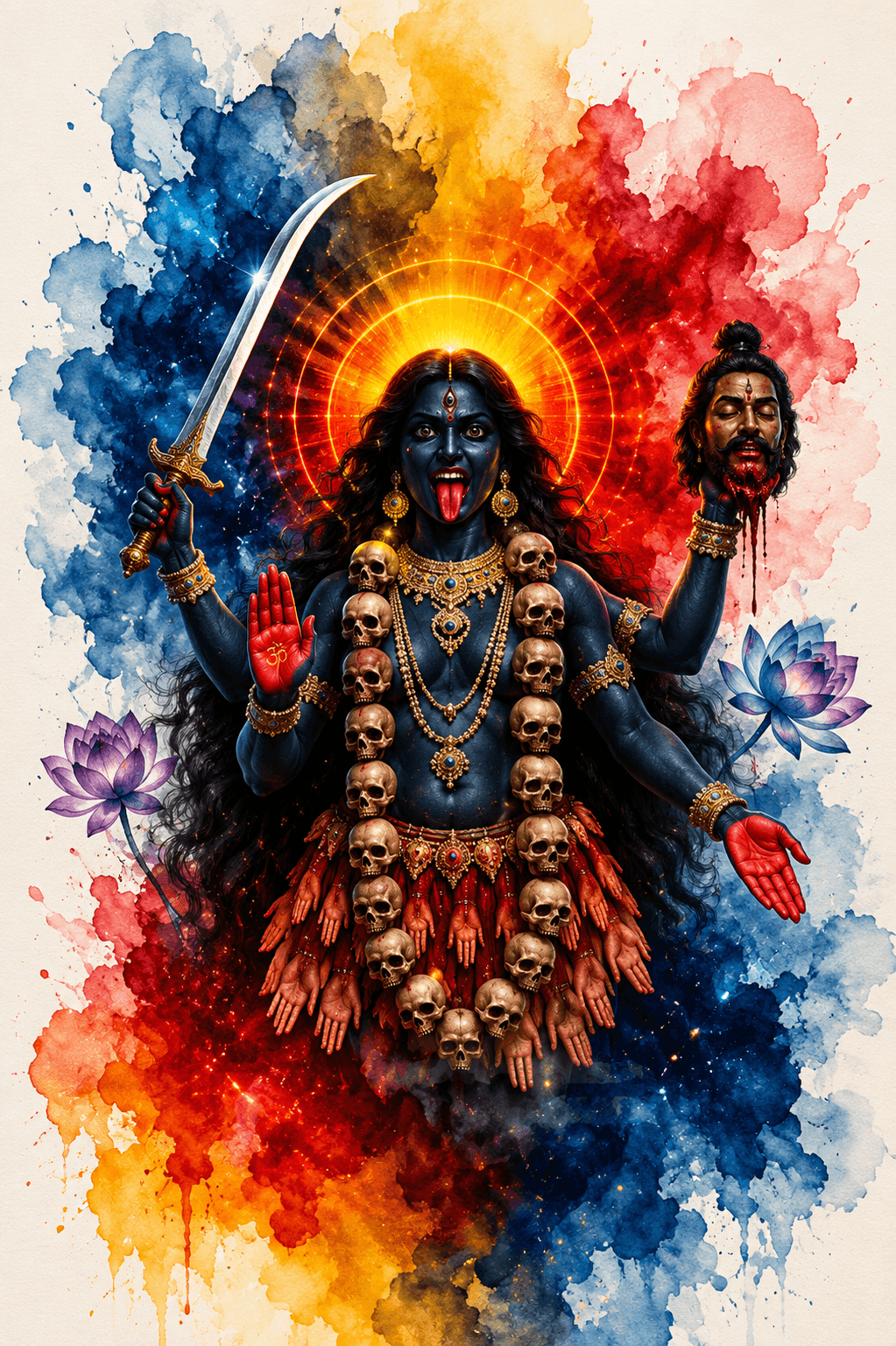 Vibrant watercolor artwork of Maa Mahakali holding a sword and severed head, wearing a skull garland with a radiant halo and lotus flowers, stunning 4K image free to download.