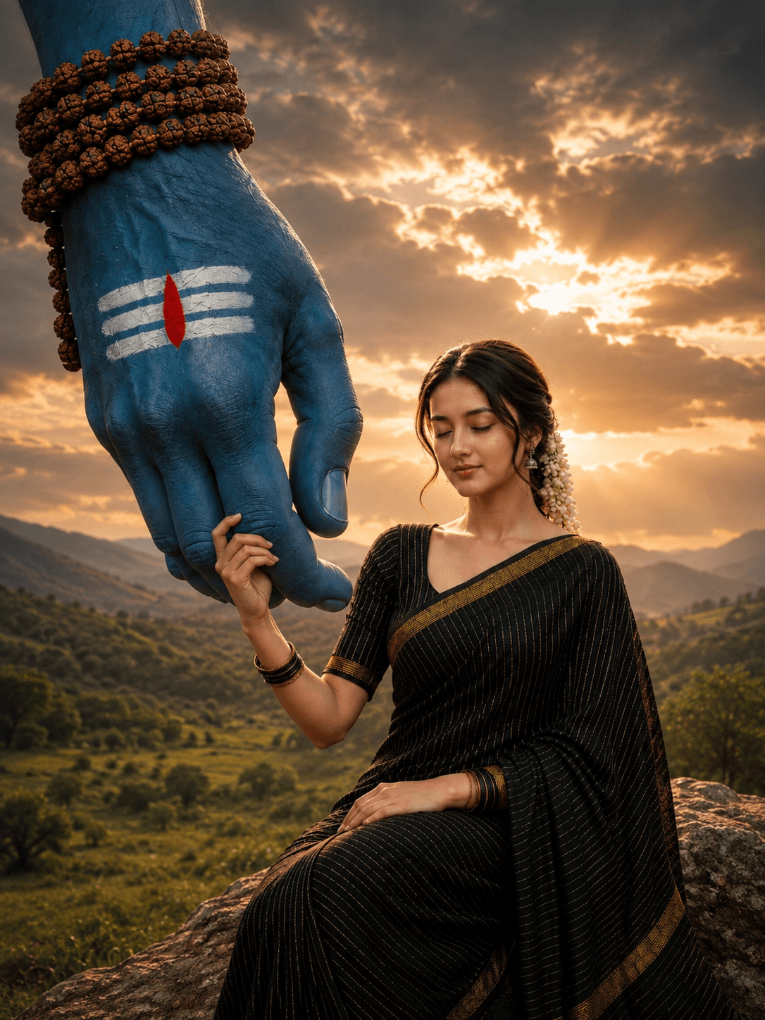 Beautiful 4K artwork of Lord Shiva's divine blessing hand holding a devotee's hand with Tripundra Tilak and Rudraksha Mala against a golden sunset, free HD download for wallpapers, devotional use, and spiritual projects.