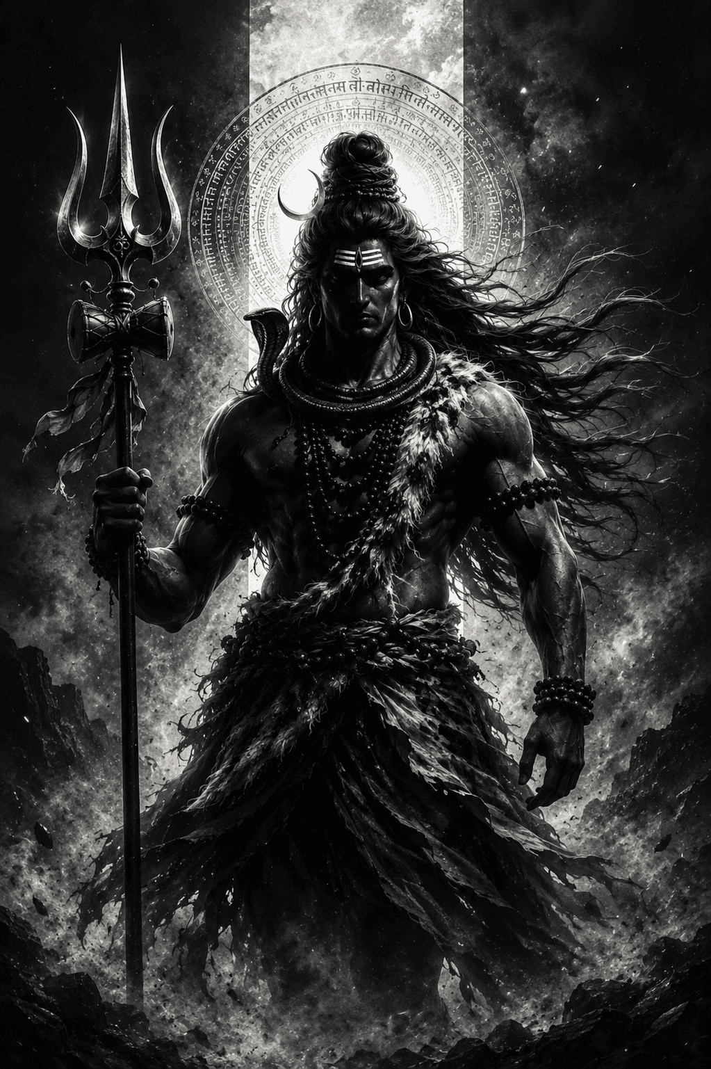 Powerful black-and-white artwork of Lord Shiva holding a Trishul with a crescent moon, sacred serpent, and glowing divine aura, premium 4K image free to download.