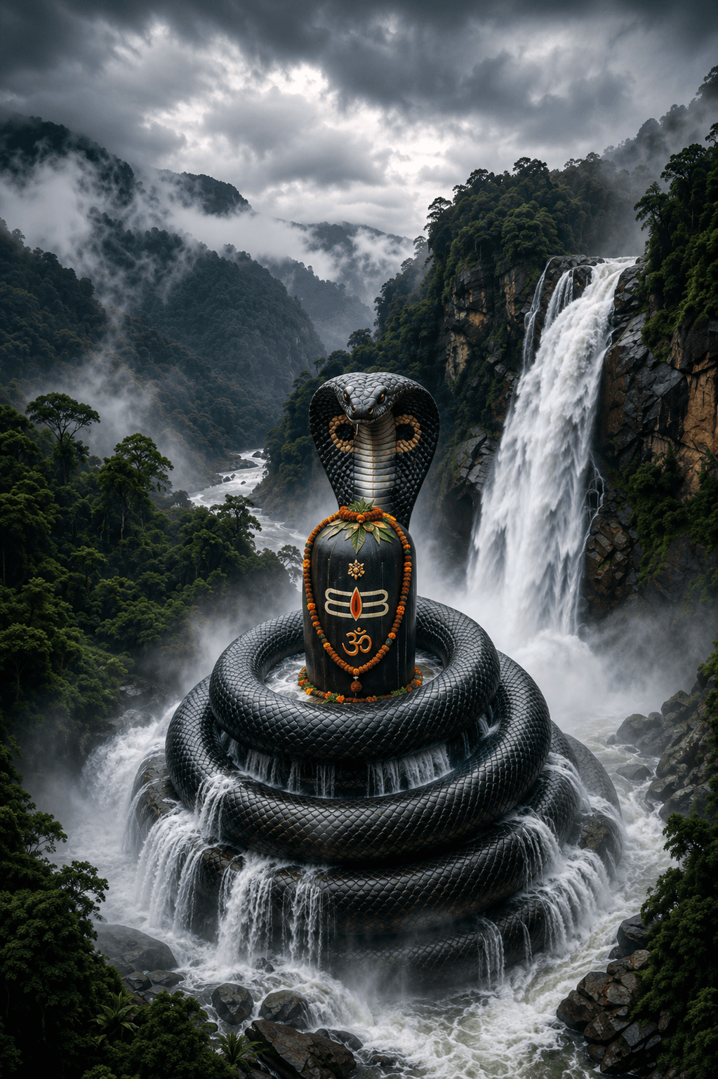 Magnificent 4K Shivling image with Vasuki Nag, Om symbol, cascading waterfalls, and a lush forest landscape, free HD download for wallpapers, devotional use, and spiritual projects.