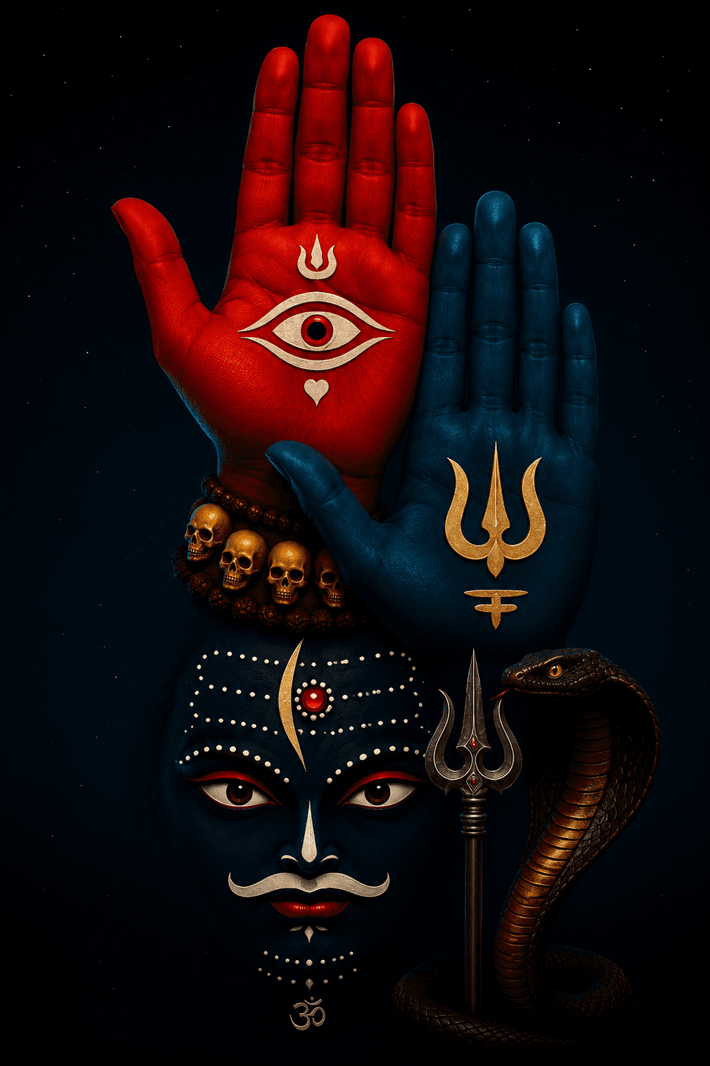 Symbolic Mahakali and Lord Shiva artwork with sacred hands, third eye, trident, cobra, and divine face on a black background in stunning 4K, free to download.