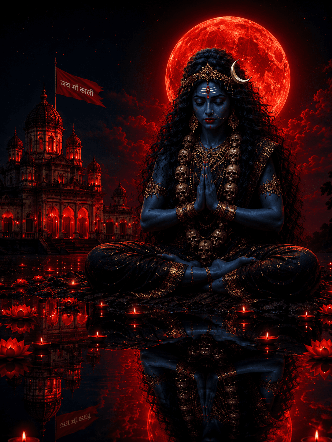 Meditating Maa Kali in a prayer pose beneath a glowing red moon, wearing a skull garland, with a Hindu temple, floating diyas, lotus flowers, and reflective water in ultra HD 4K.
