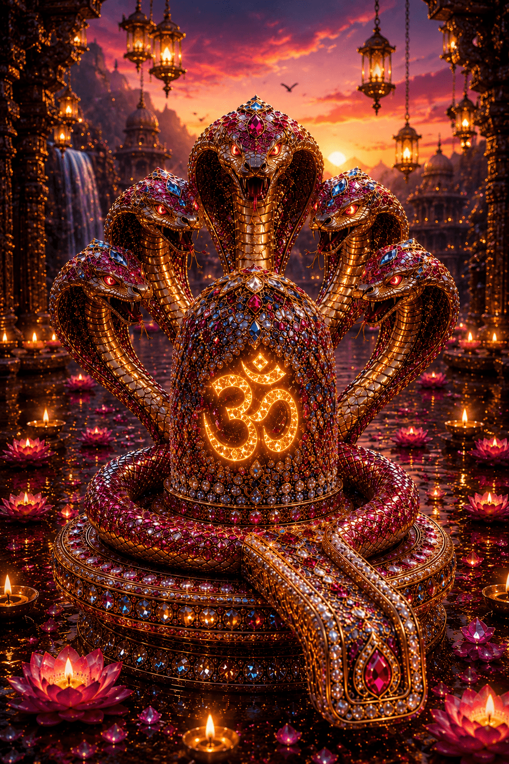 Magnificent 4K image of a jeweled Naga Shivling with five sacred cobras, glowing Om symbol, lotus flowers, oil lamps, and a divine temple backdrop, free HD wallpaper download.