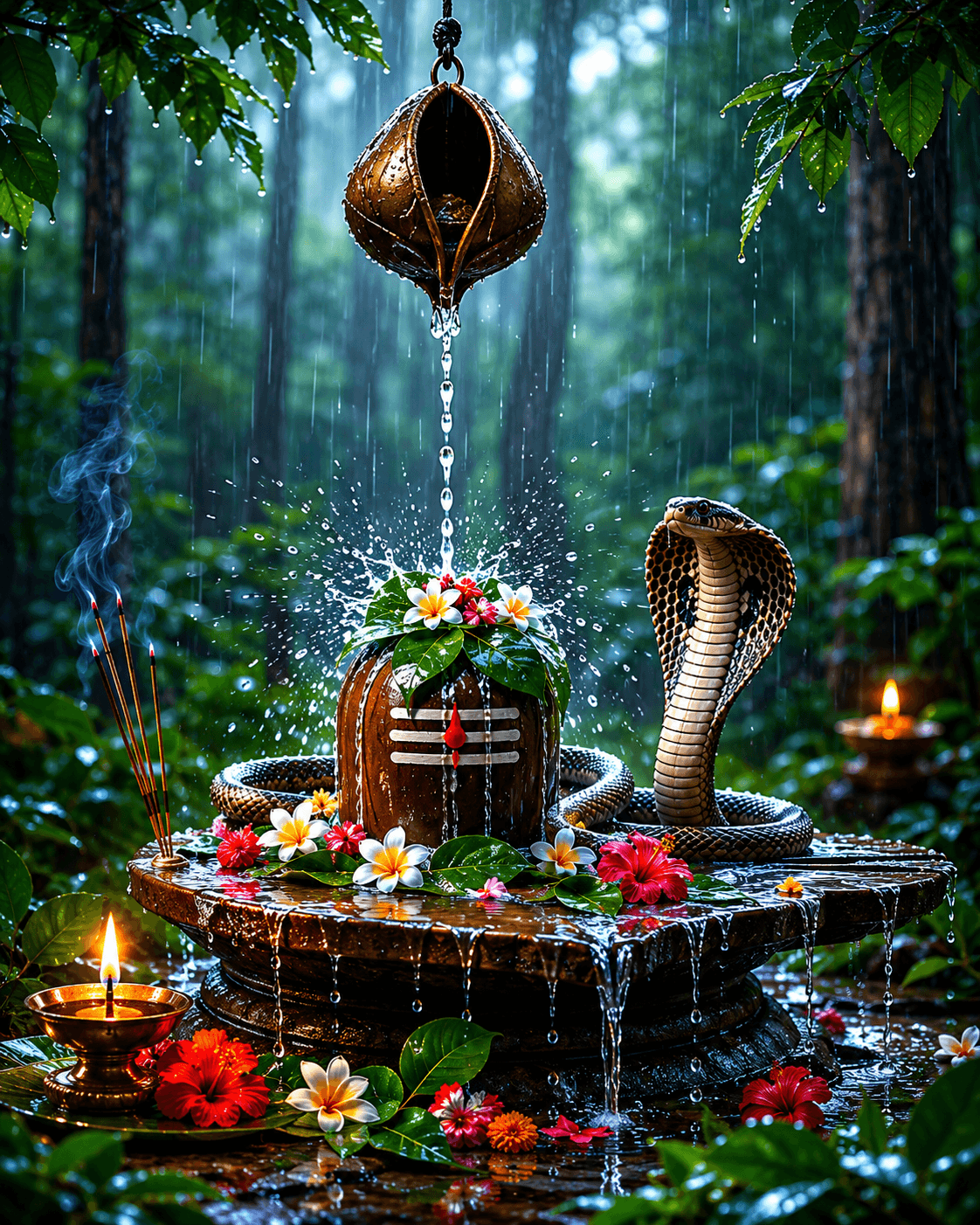 Stunning 4K image of a sacred Shivling receiving Jal Abhishek beneath a hanging kalash, adorned with Bel Patra, flowers, and a divine cobra in a serene forest temple, free HD wallpaper download.