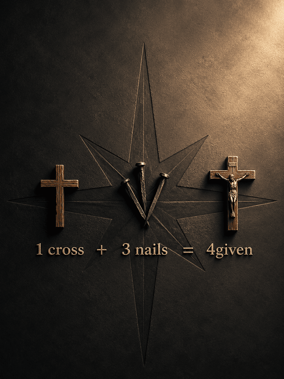 Christian artwork featuring one wooden cross, three nails, and a crucifix with the message "1 Cross + 3 Nails = Forgiven," symbolizing Jesus Christ's sacrifice, forgiveness, salvation, and faith.