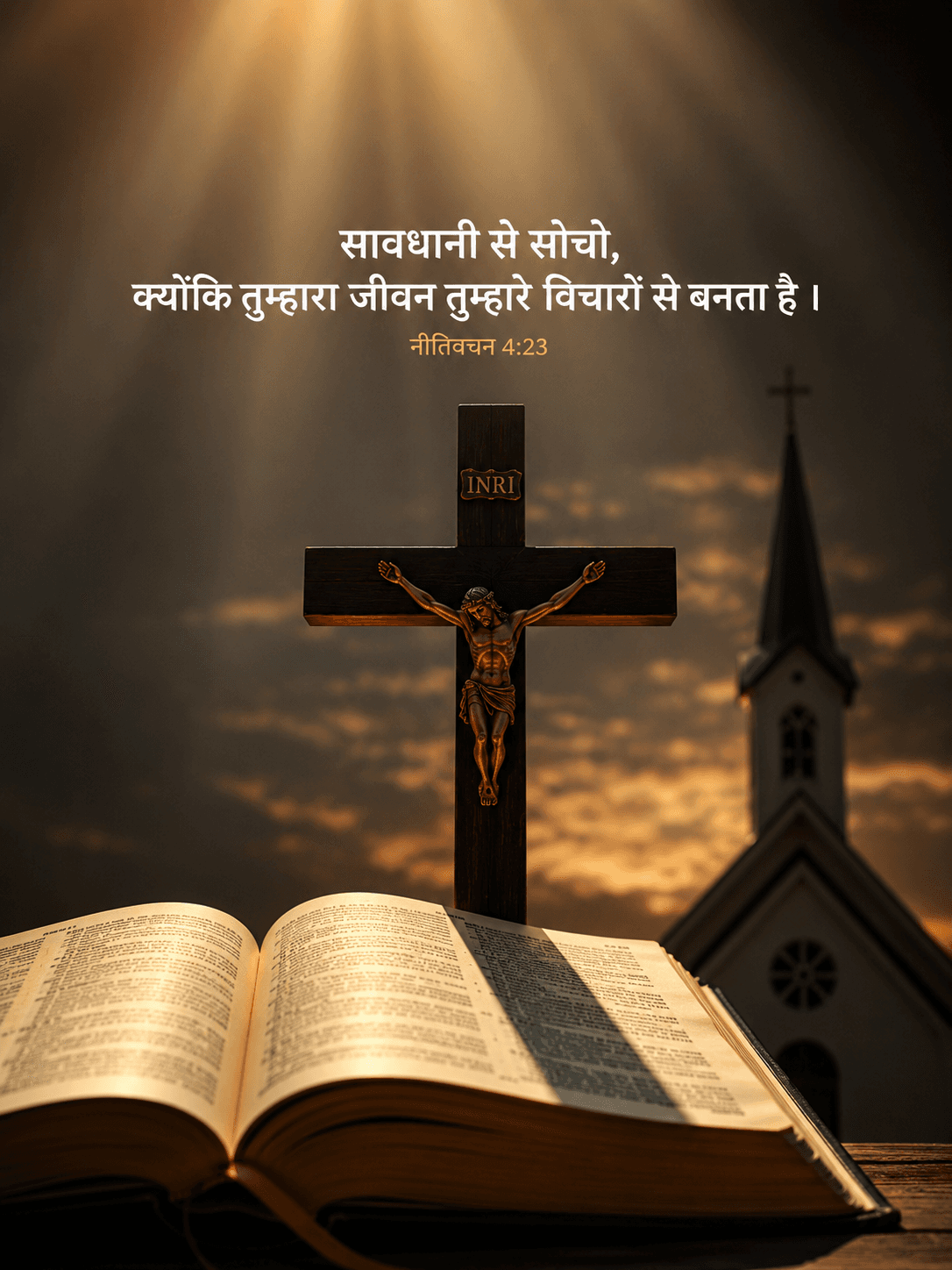 Holy Bible with a crucifix under heavenly light, church in the background, and Proverbs 4:23 displayed in Hindi encouraging believers to guard their thoughts.