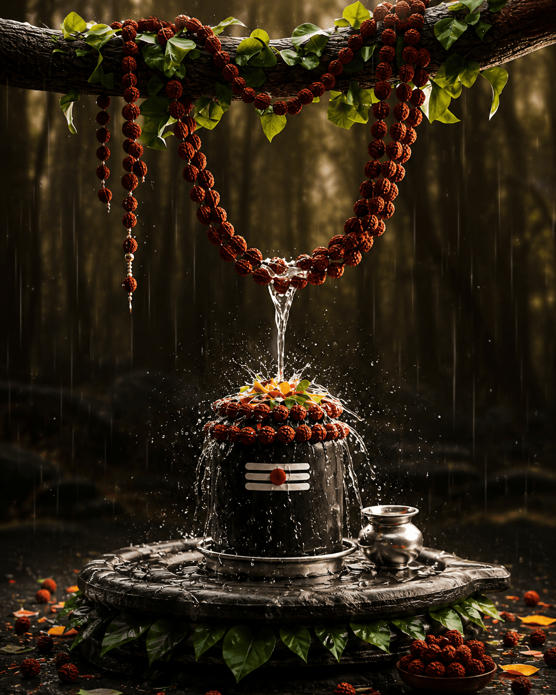 Stunning 4K image of a sacred Rudraksha-adorned Shivling receiving Jal Abhishek beneath Rudraksha malas and Bel Patra leaves with flowing water, free HD wallpaper download.