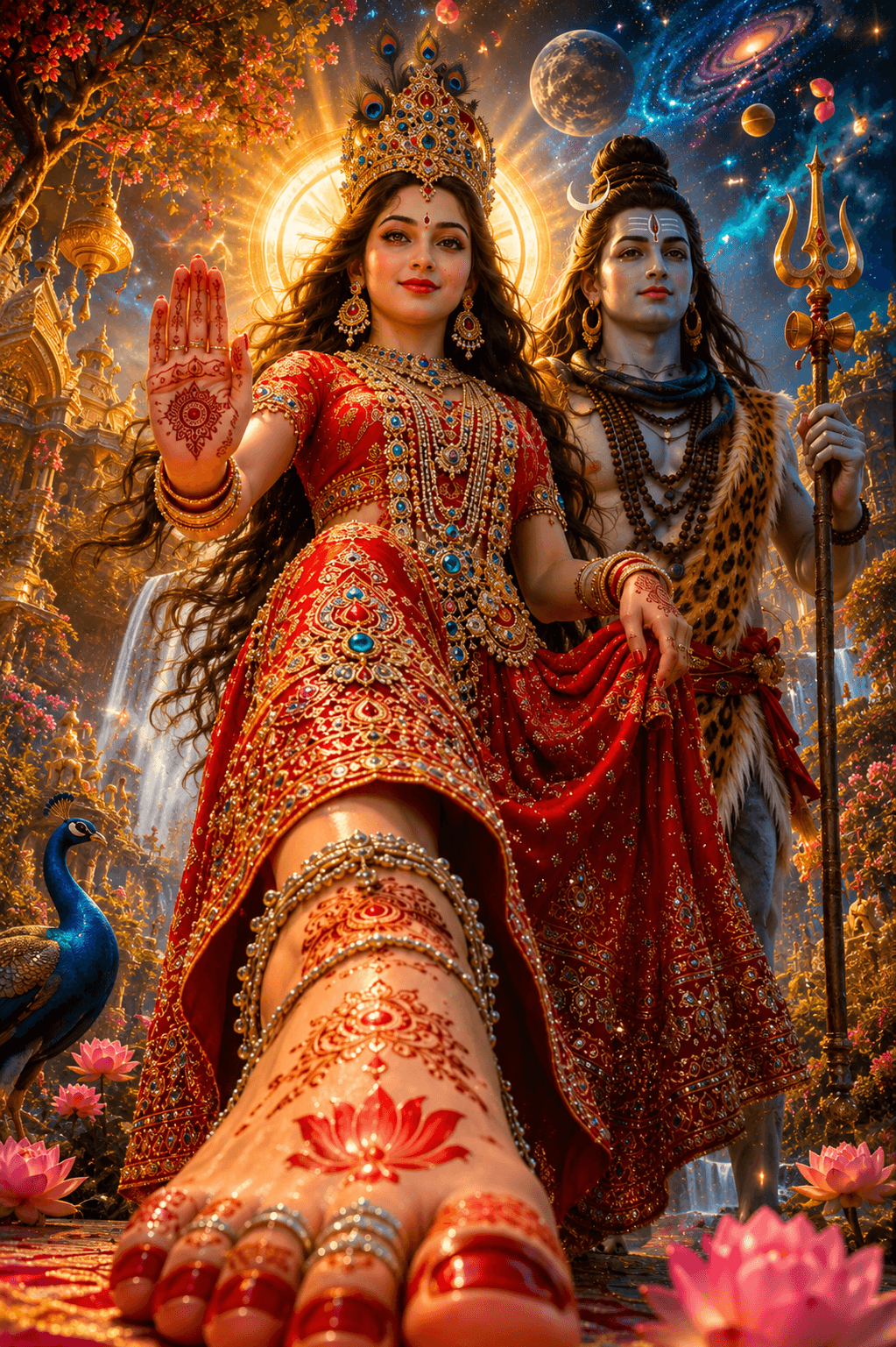Divine 4K image of Goddess Parvati giving blessings with Lord Shiva holding a trishul in a celestial temple, free HD wallpaper and instant download.